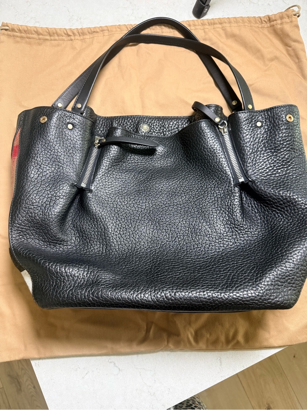 Burberry Black Leather Tote Bag with House Check Side Panels